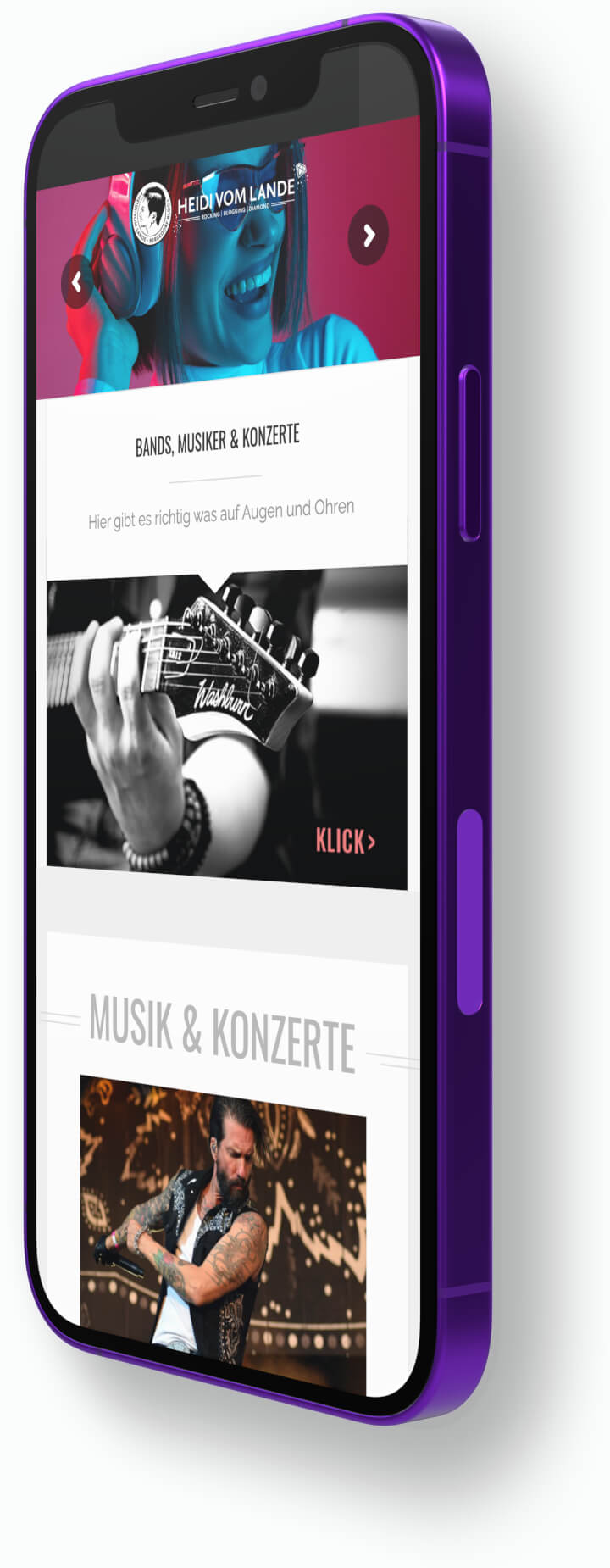 Gekipptes Smartphone mit Darstellung des Musikblogs HEIDI VOM LANDE