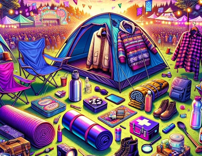 Zelt und eingepackte Dinge auf einer Festival Wiese